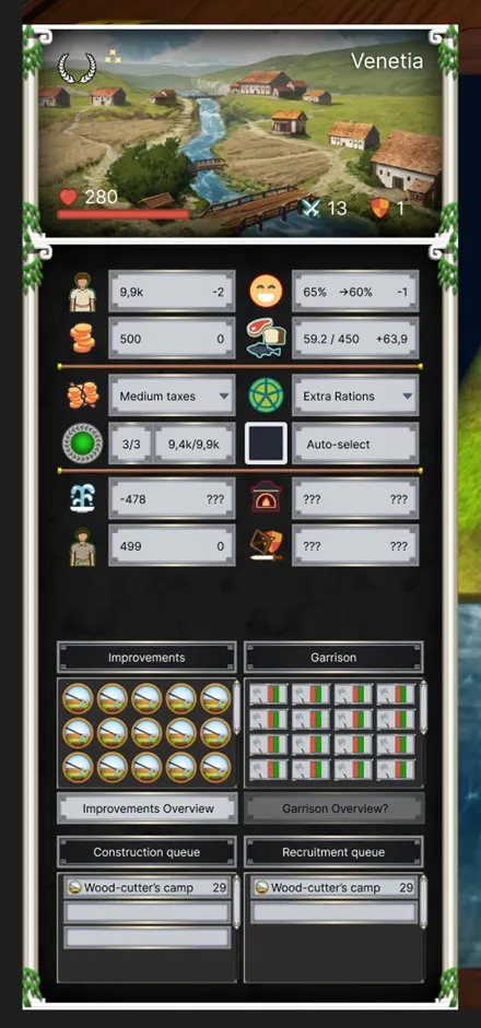 Settlement UI, fully filled with panel elements