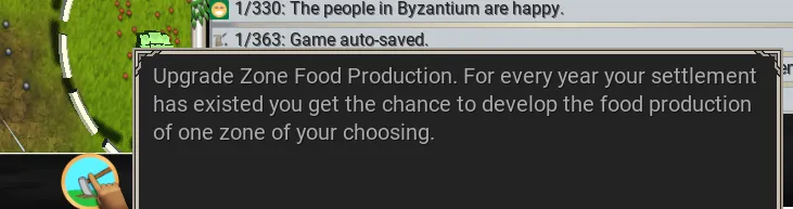 Upgrade Zone Food Production button in the settlement UI