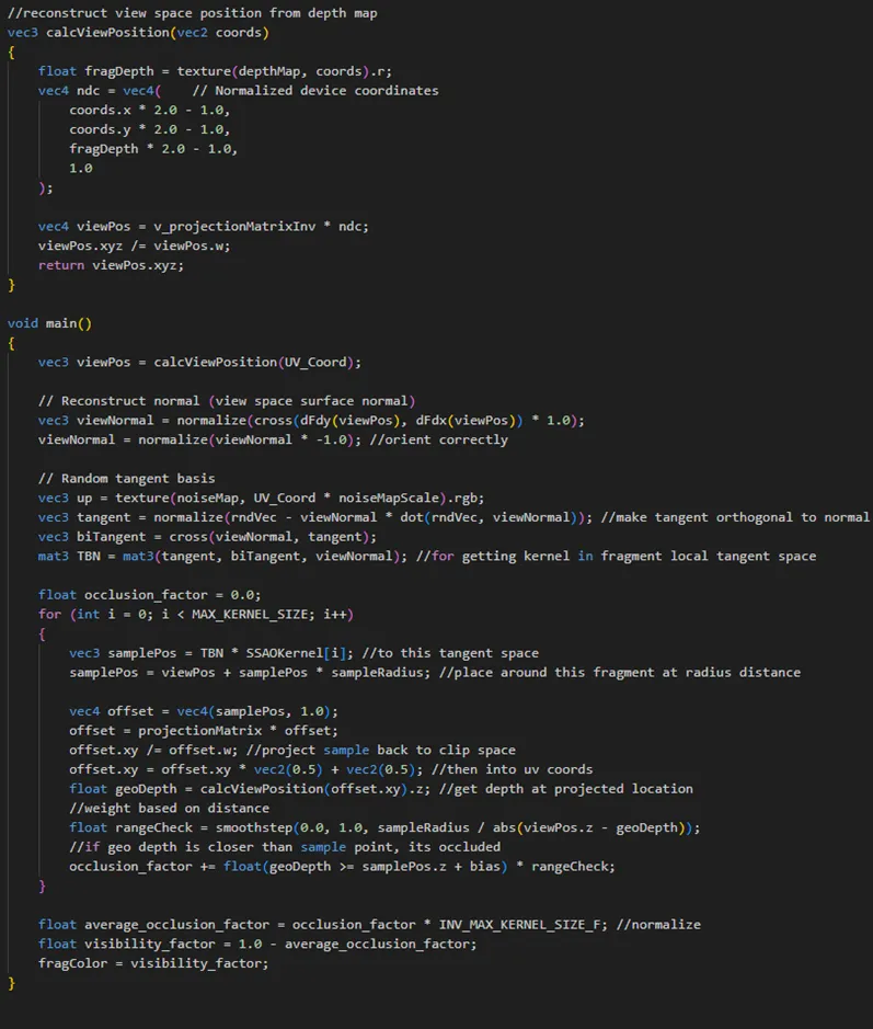 Full GLSL shader code for the main SSAO pass