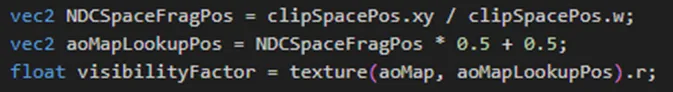 Shader code sampling the blurred SSAO map to compute the visibility factor for the current fragment
