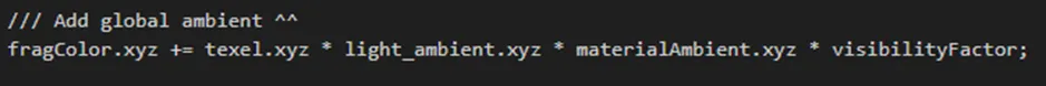 Shader code applying the visibility factor to the ambient lighting component