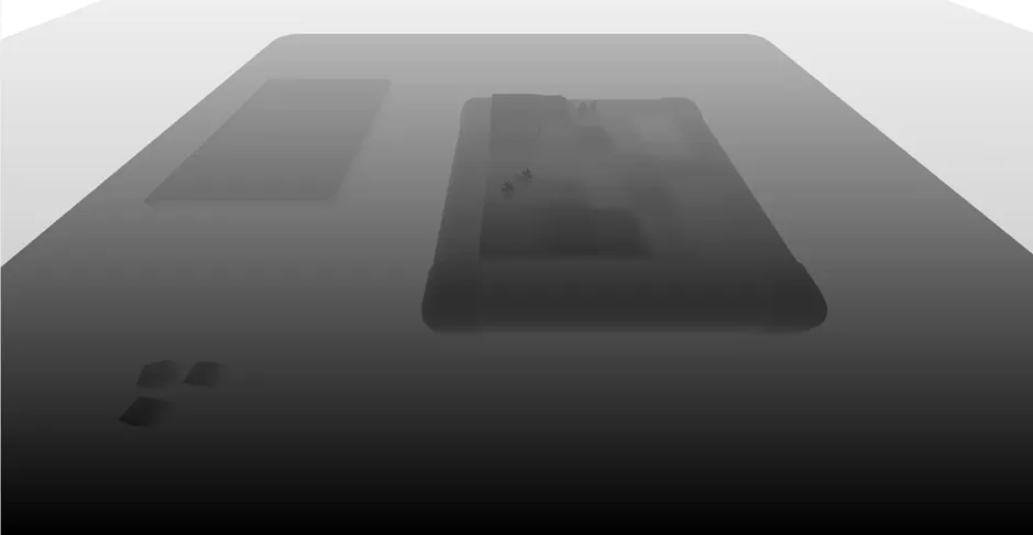 Depth buffer output of the DepthPrePass rendering the scene geometry
