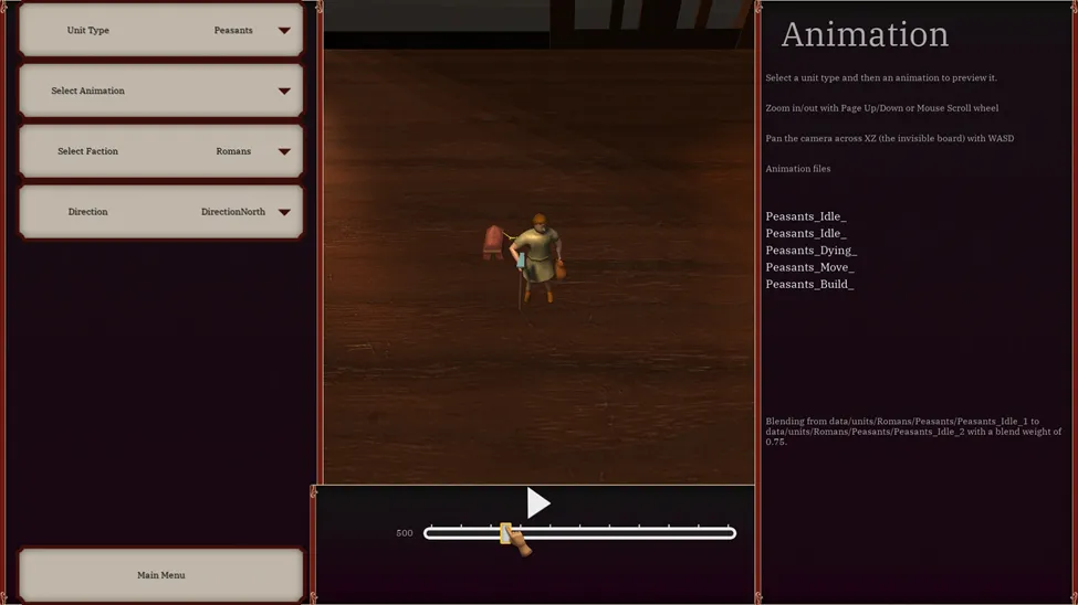 Screenshot of the Animation Editor showing the peasant unit type standing idle
