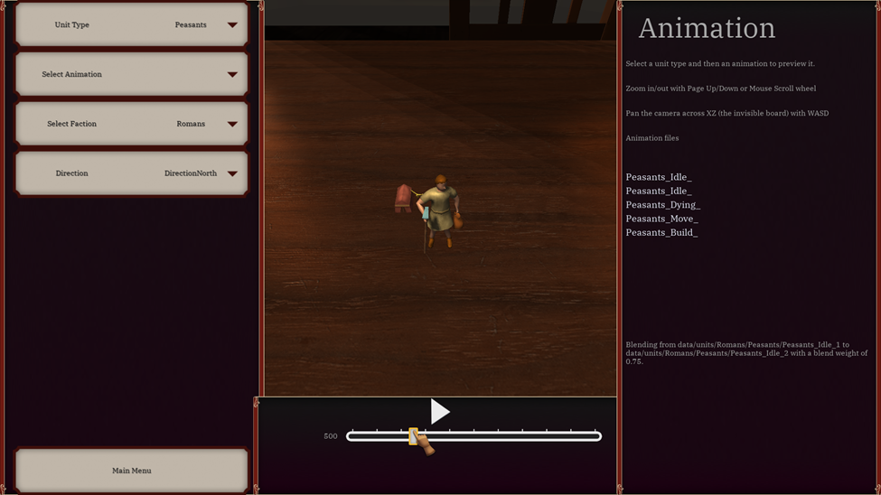 Screenshot of the Animation Editor showing the peasant unit type standing idle
